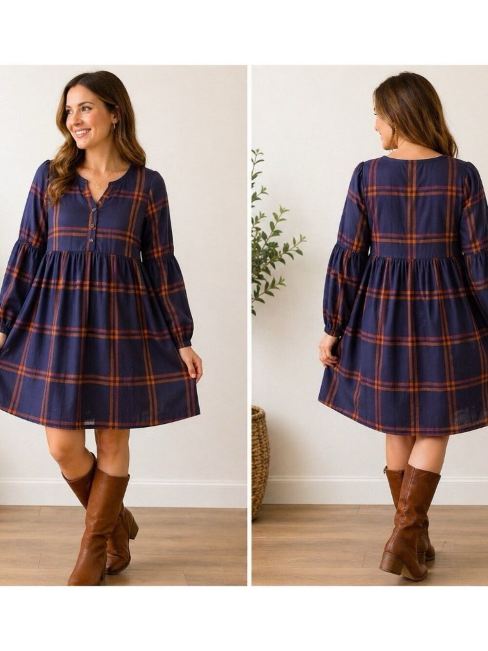 Matilda Jane Dress Womens S Blue Plaid Long Sleeve Boho Peasant